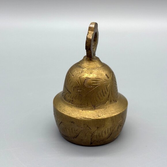 Vintage Solid Brass Small Bell Etched Leaf Engraving Service Meditation Ornate - Picture 2 of 7